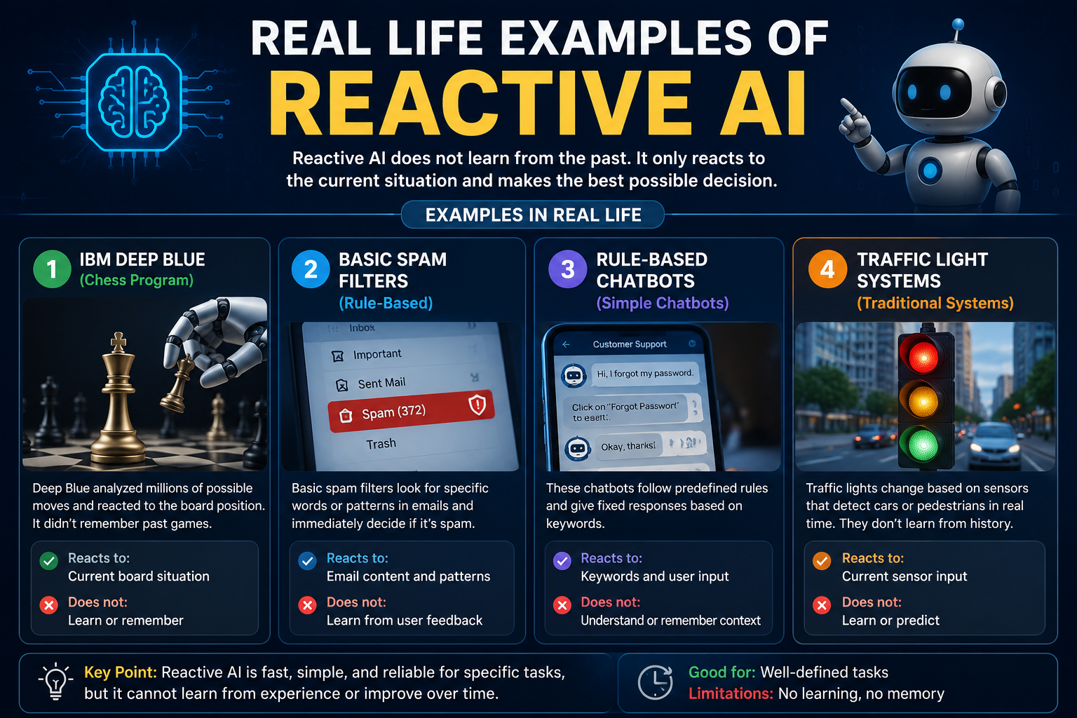 Illustration showing real-life examples of Reactive AI, including IBM Deep Blue, spam email filters, rule-based chatbots, and traffic light systems that respond to current inputs without memory.