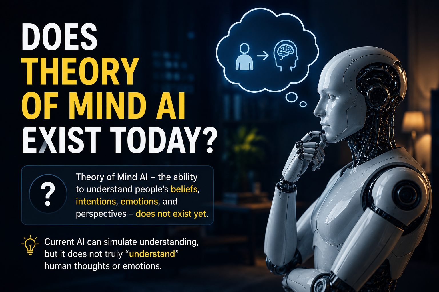 Futuristic humanoid robot representing Theory of Mind AI, illustrating the concept of AI understanding human emotions, beliefs, and intentions, which remains a theoretical technology.