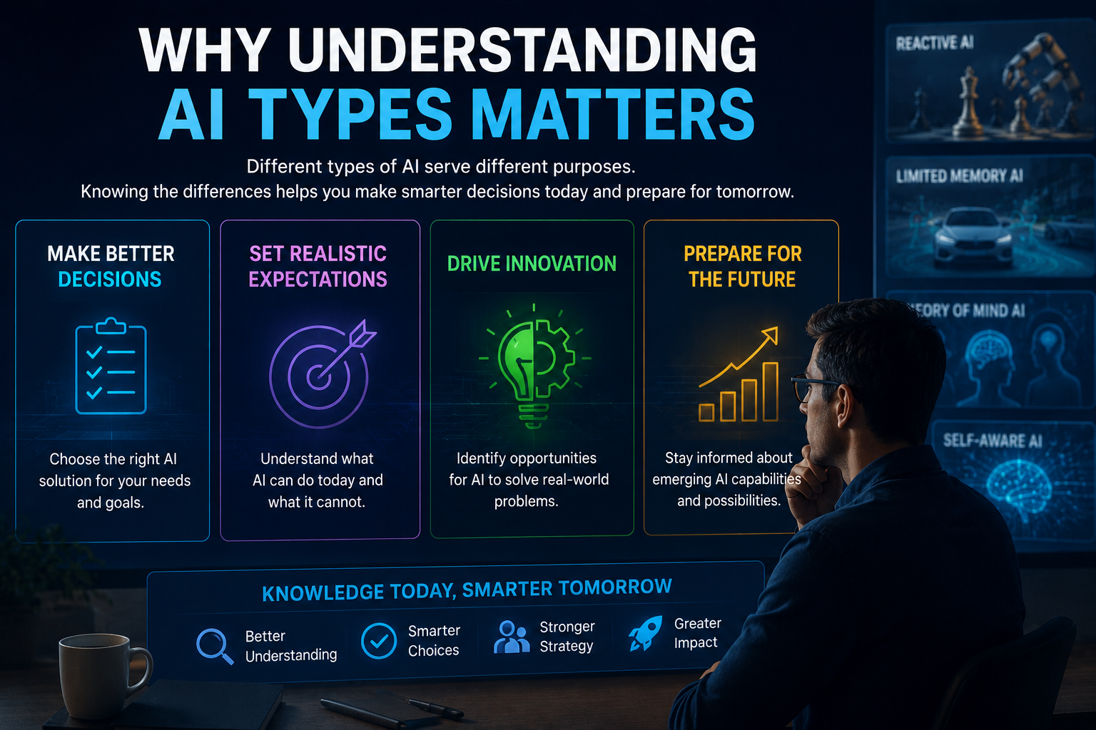 Futuristic illustration explaining why understanding AI types matters, highlighting Reactive AI, Limited Memory AI, Theory of Mind AI, and Self-Aware AI for better decision-making and AI awareness.
