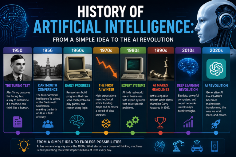 Timeline infographic showing the history of artificial intelligence from Alan Turing in 1950 and the Dartmouth Conference in 1956 to expert systems, deep learning, and the modern AI revolution with generative AI and ChatGPT.