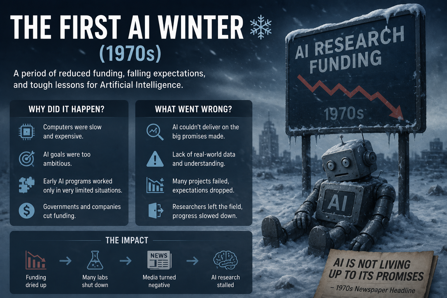 Infographic illustrating the First AI Winter of the 1970s, showing a robot sitting in a snowy landscape beside a declining AI research funding sign, with key reasons for reduced investment, failed expectations, and the slowdown of artificial intelligence research.