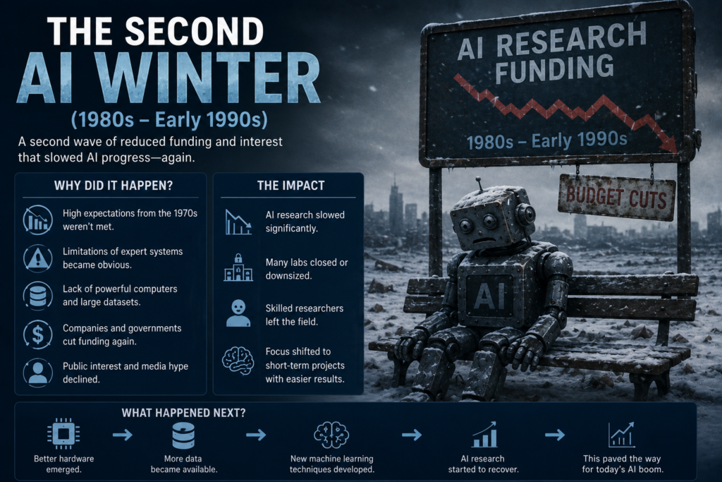 Infographic about the Second AI Winter of the late 1980s and early 1990s, showing a lonely robot beneath a declining AI research funding sign and explaining how budget cuts, limited computing power, and the shortcomings of expert systems slowed artificial intelligence research before the rise of machine learning.