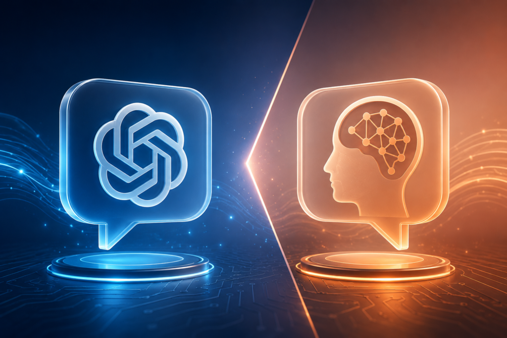 Futuristic digital illustration comparing ChatGPT and Claude with glowing AI icons on a blue and orange split background representing artificial intelligence tools.