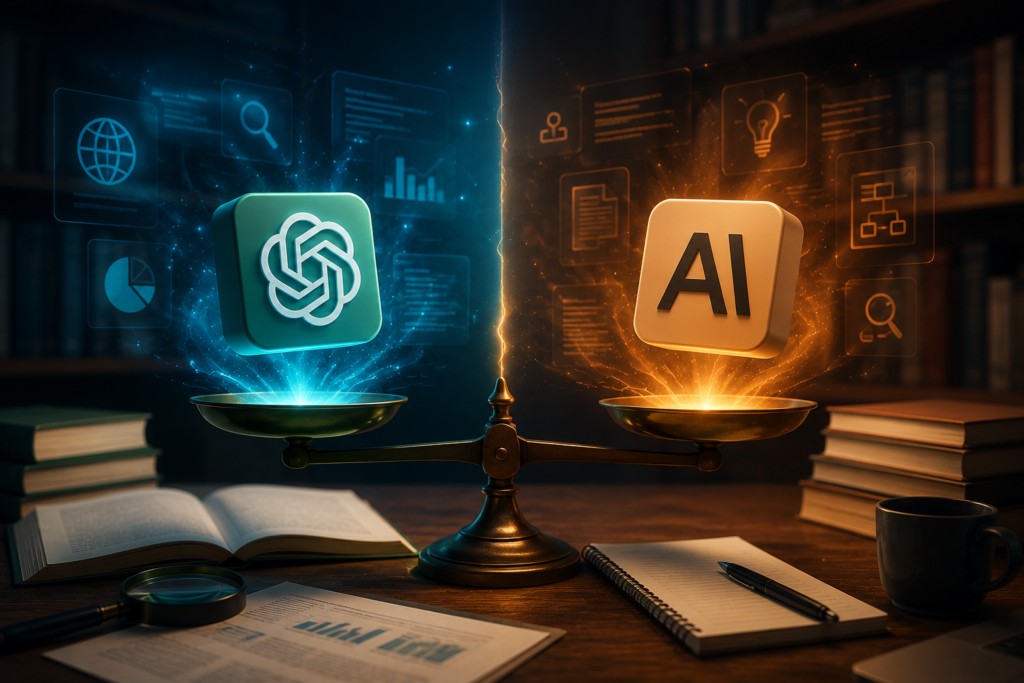 Decorative illustration of two AI assistants compared for research, featuring futuristic technology, digital knowledge, books, documents, and glowing data elements in a modern workspace.