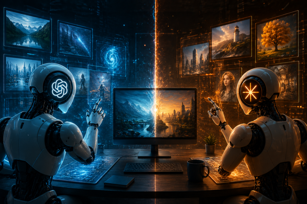 Decorative illustration of two AI assistants comparing image generation capabilities with digital artwork, creative design tools, and a futuristic workspace filled with AI-generated visuals.