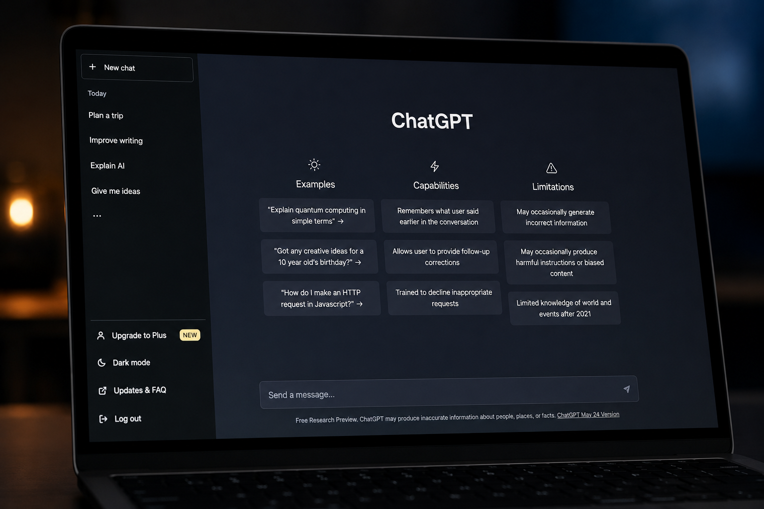 "A laptop displaying the ChatGPT interface with a dark-themed AI chatbot dashboard, showcasing conversational AI technology used for writing, coding, research, and everyday productivity."