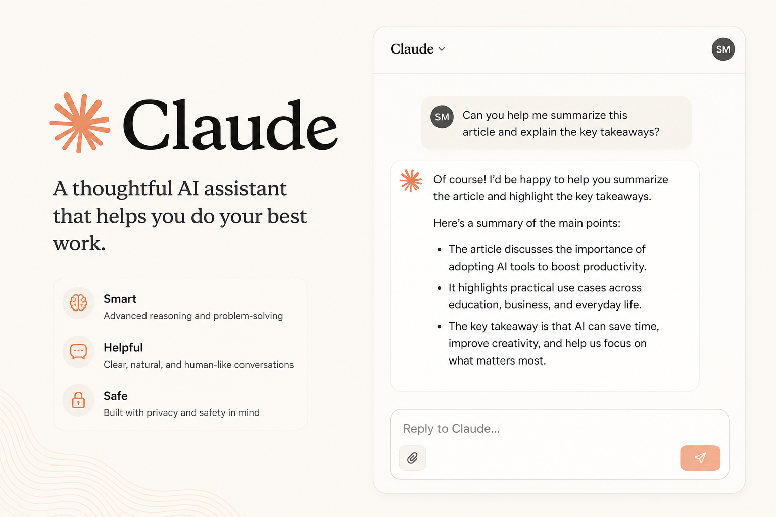 Claude AI interface showing a conversation, highlighting its advanced reasoning, natural writing assistance, problem-solving abilities, and privacy-focused design in a clean, modern workspace.