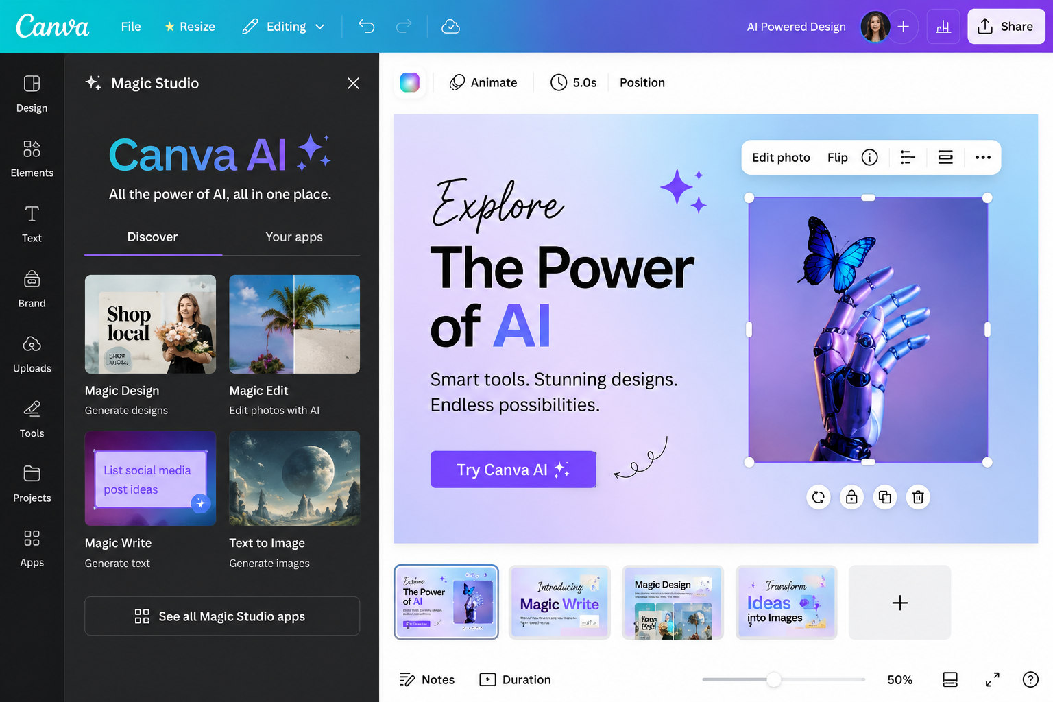 "Canva AI dashboard displaying Magic Studio tools for AI-powered graphic design, text generation, image editing, and creative content creation in a modern design workspace."