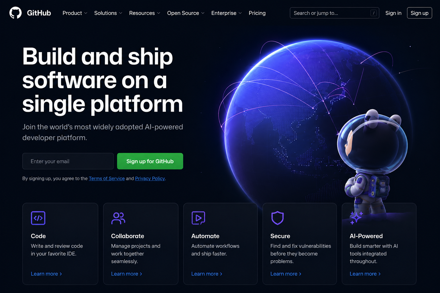 GitHub homepage showcasing its AI-powered developer platform with features for coding, collaboration, automation, security, and software development in a modern dark-themed interface.