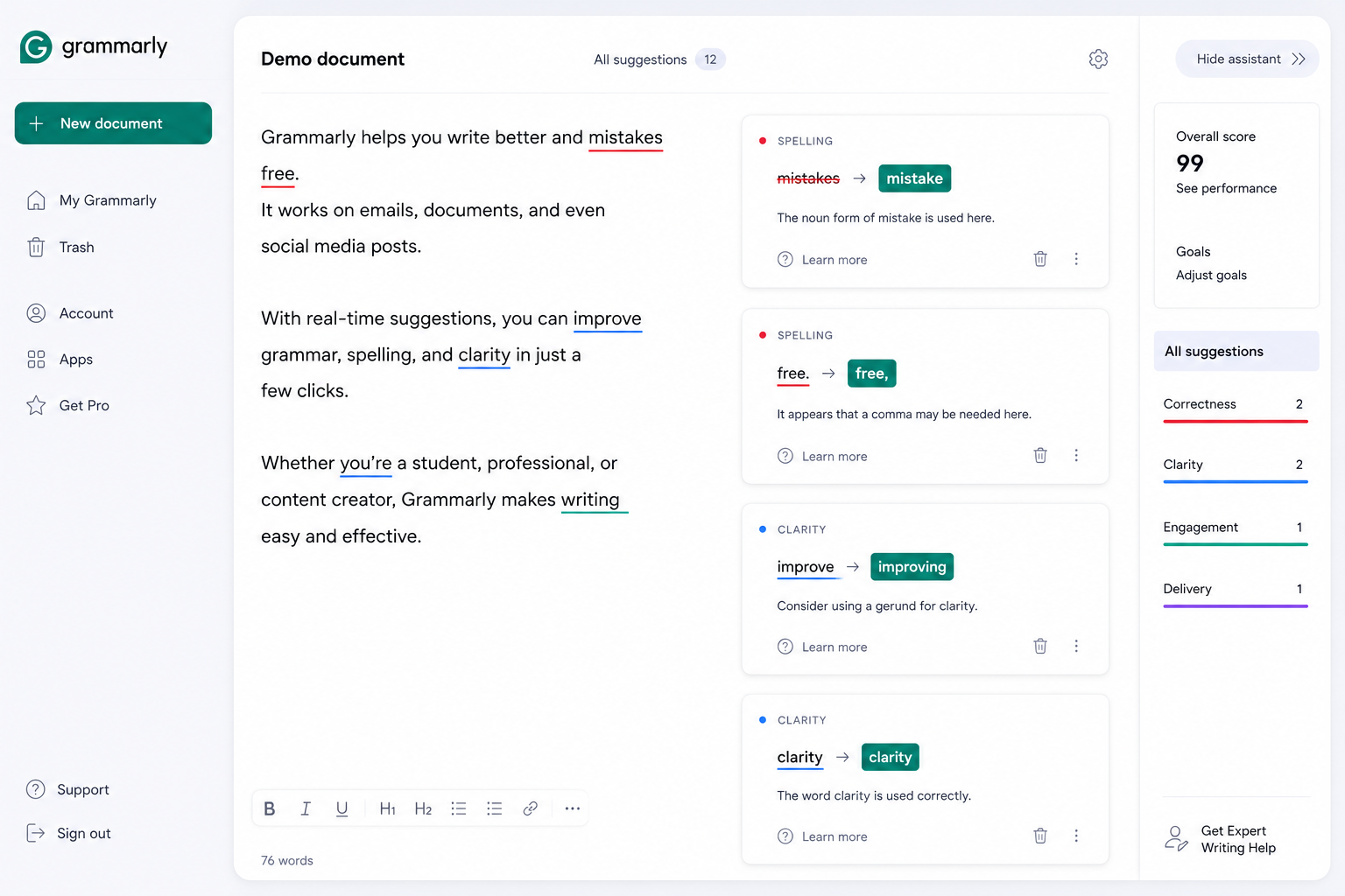 "Grammarly writing assistant interface providing real-time grammar, spelling, punctuation, and clarity suggestions to improve writing quality and readability."