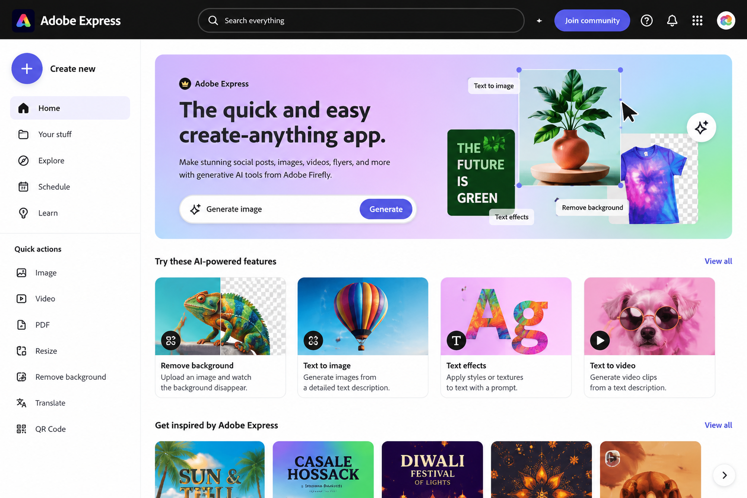 Adobe Express AI interface featuring AI-powered design tools such as text-to-image generation, background removal, text effects, video creation, and quick content editing in a modern workspace.