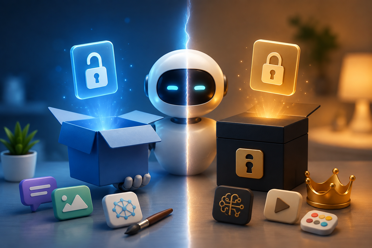 Illustration comparing free and paid AI tools with a friendly AI robot between an open glowing box and a premium locked box, symbolizing different AI features and capabilities.