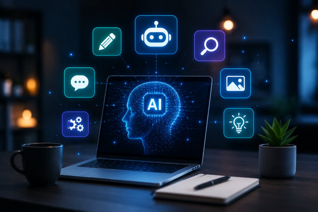 A futuristic workspace with a laptop displaying an AI interface, surrounded by glowing digital icons representing writing, creativity, search, automation, and productivity tools.