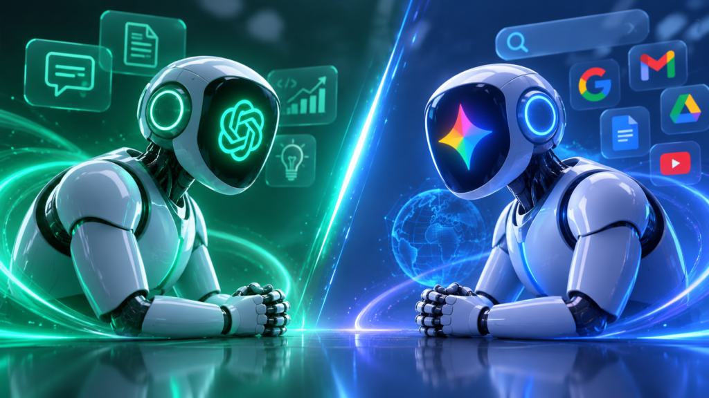 Futuristic AI robots representing ChatGPT and Gemini facing each other in a high-tech digital environment with glowing blue and green lighting, symbolizing the comparison between two leading AI assistants.