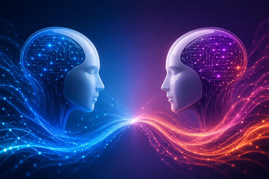 Futuristic illustration of two AI-powered digital humanoid heads facing each other, representing a comparison between advanced artificial intelligence models.