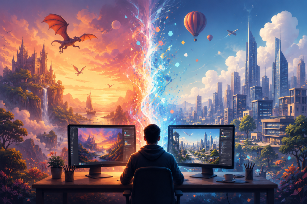 A split-scene digital illustration showing a creator using AI to generate fantasy artwork on one side and realistic futuristic city imagery on the other, representing a comparison between modern AI image generation styles.