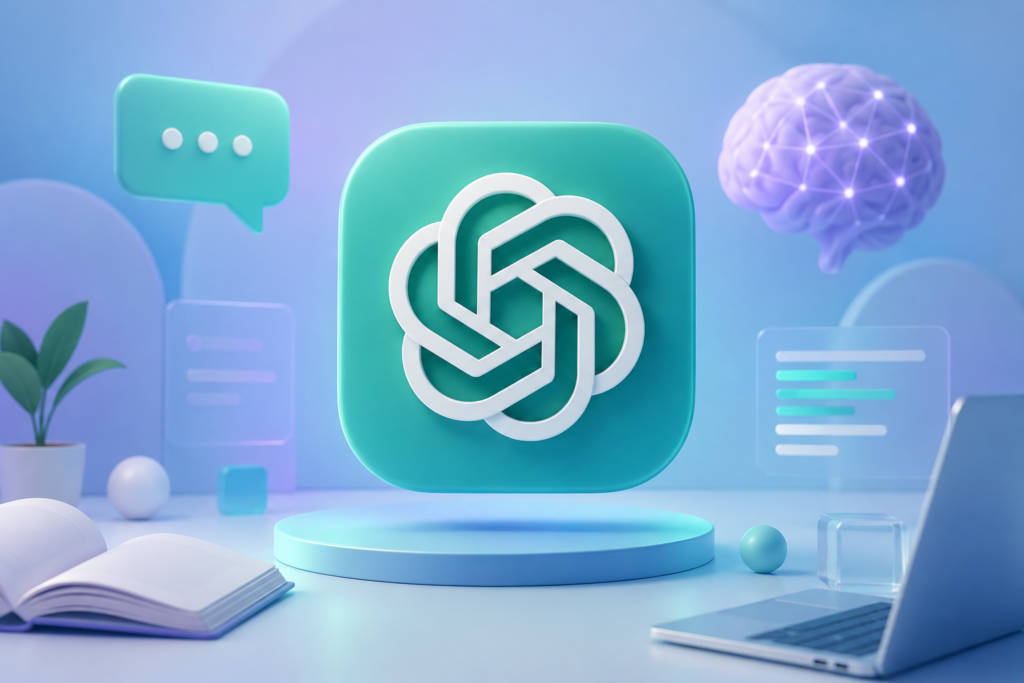 3D illustration of a modern AI chatbot interface with a glowing ChatGPT-inspired symbol, laptop, notebook, and digital elements in a clean blue workspace.