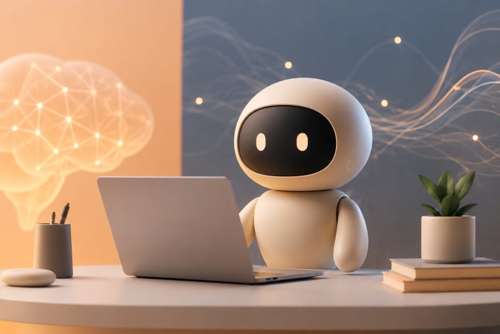 A friendly AI assistant working on a laptop in a modern workspace with glowing neural network graphics in the background, symbolizing artificial intelligence, productivity, and digital innovation.