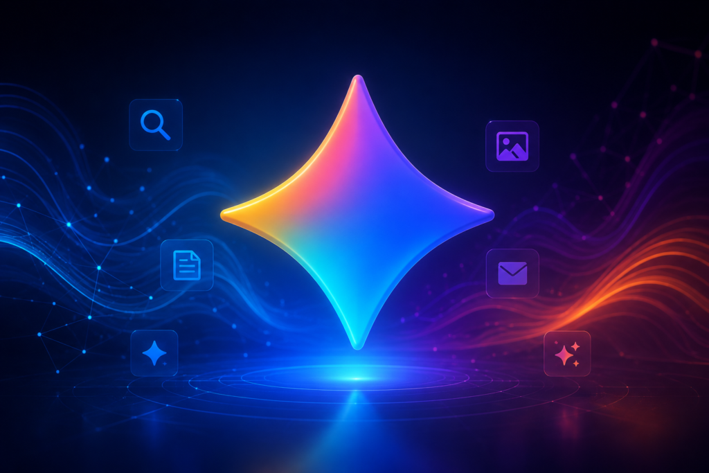 Abstract futuristic illustration representing Google Gemini AI with a glowing multicolored geometric shape surrounded by digital interface icons on a dark technology-inspired background.