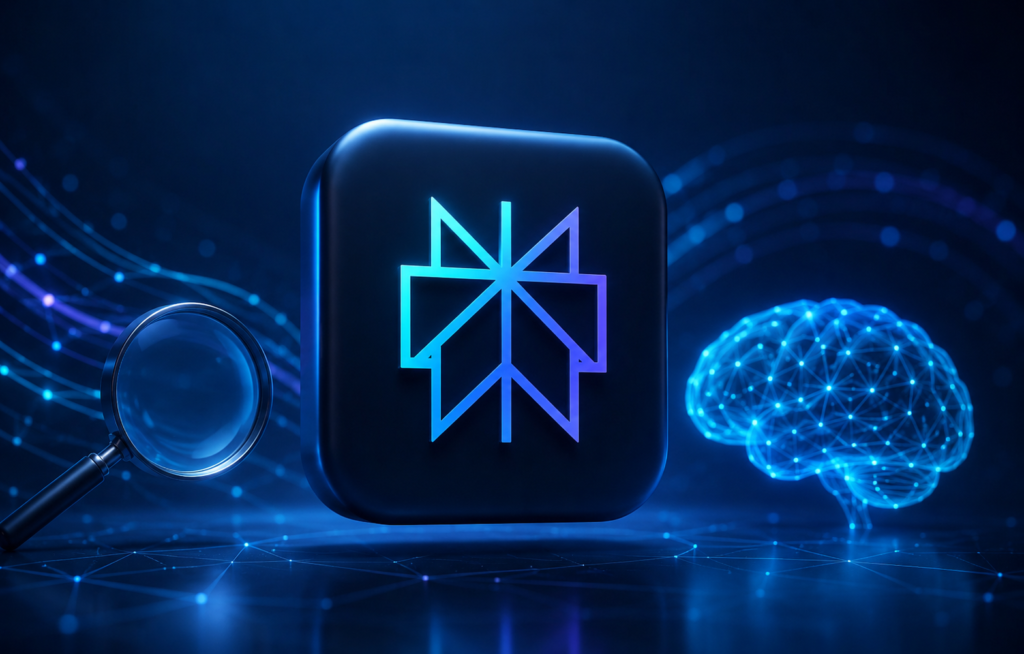Futuristic AI search concept featuring a glowing digital brain, magnifying glass, and abstract technology interface representing intelligent online research.