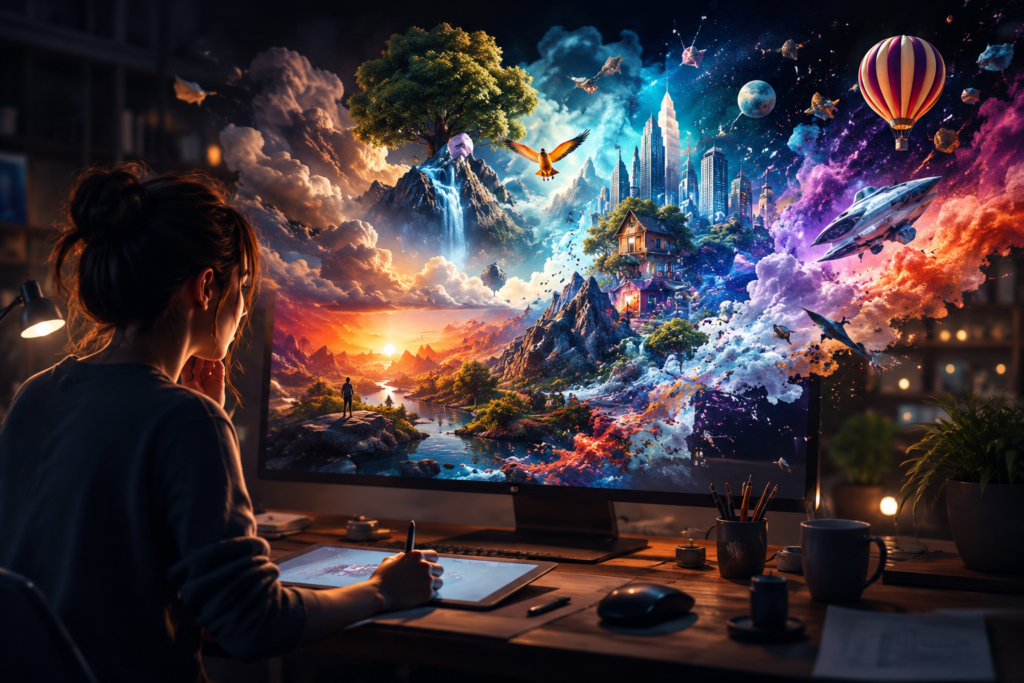 A creative person working at a computer as vibrant AI-generated fantasy landscapes, futuristic cities, and colorful digital artwork emerge from the screen, symbolizing AI image generation with Midjourney.