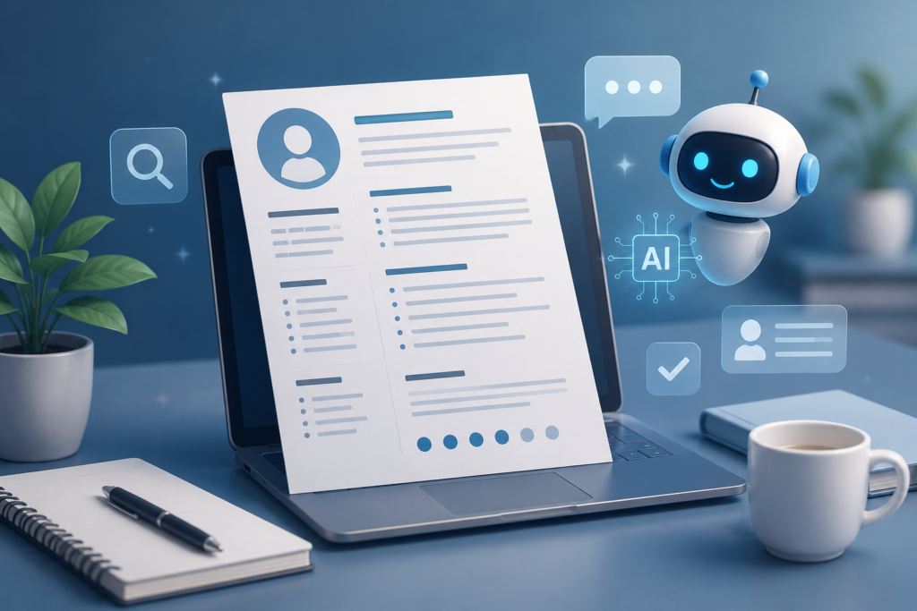 AI-powered resume creation workspace with a professional resume displayed on a laptop alongside a friendly AI assistant in a modern office setting.