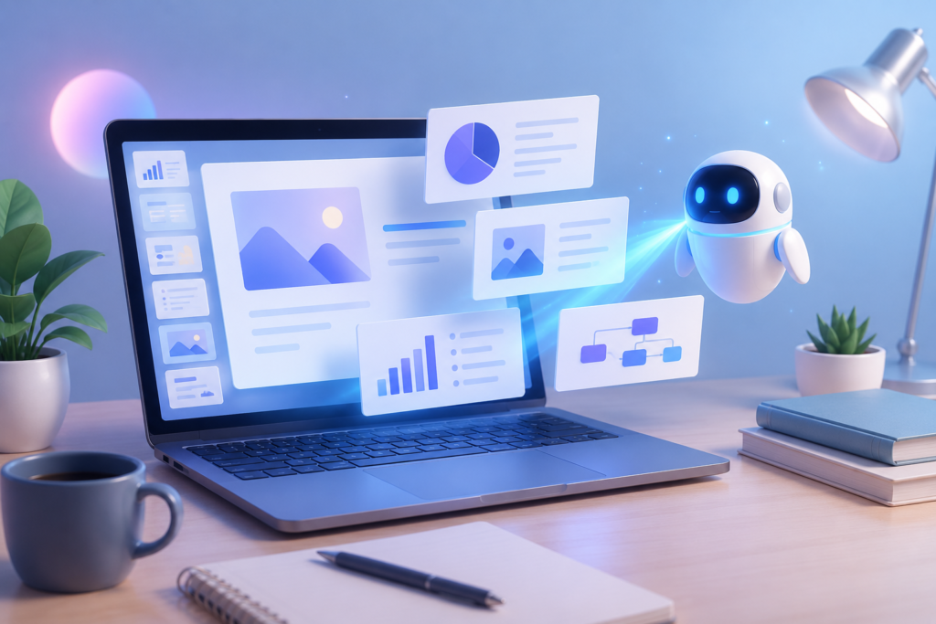 AI-powered laptop creating presentation slides in a modern workspace with a friendly robot assistant and floating visual elements.
