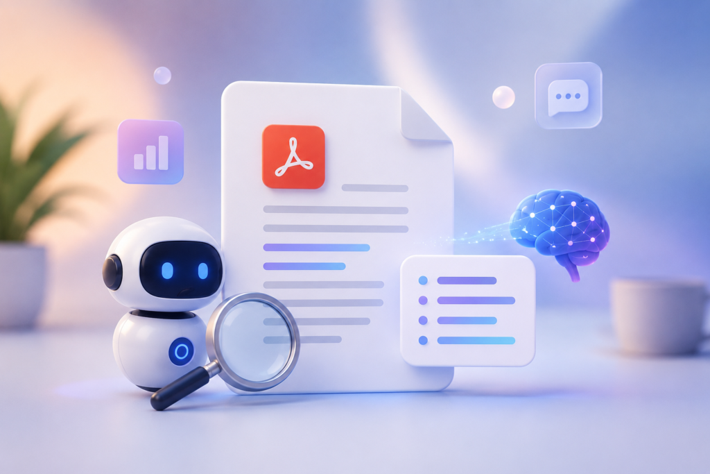 3D illustration of an AI assistant analyzing and summarizing a PDF document with a magnifying glass and digital brain in a modern workspace.