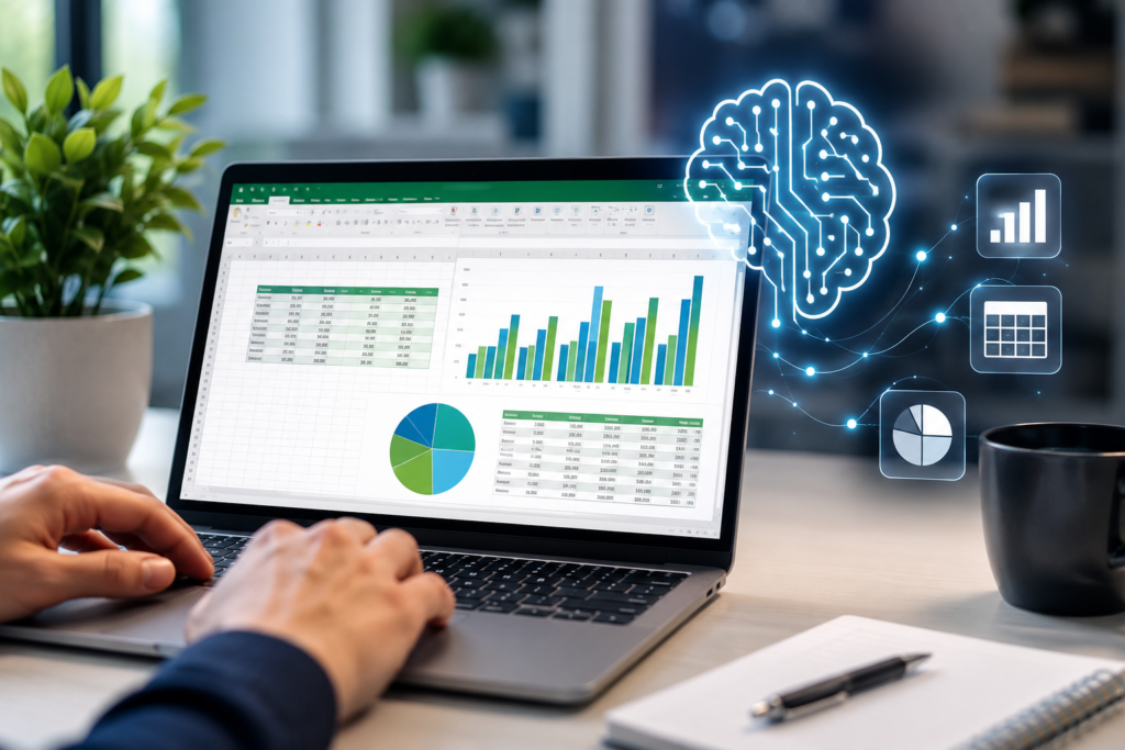 Person using AI in Microsoft Excel to analyze spreadsheet data, generate charts, and improve productivity on a laptop.