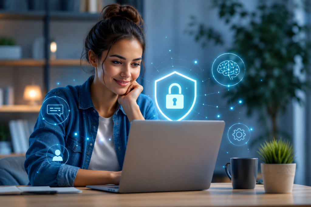 Person using AI safely on a laptop with digital security icons representing artificial intelligence, privacy, and cybersecurity.