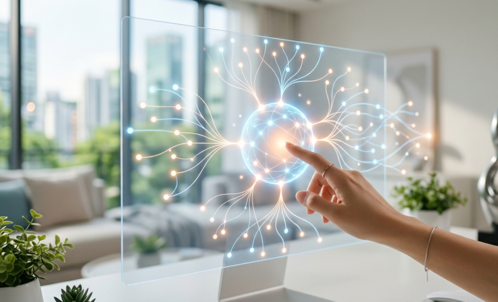 A person’s hand reaching out to touch a glowing neural network diagram displayed on a transparent glass screen on a desk in a modern office with city views.