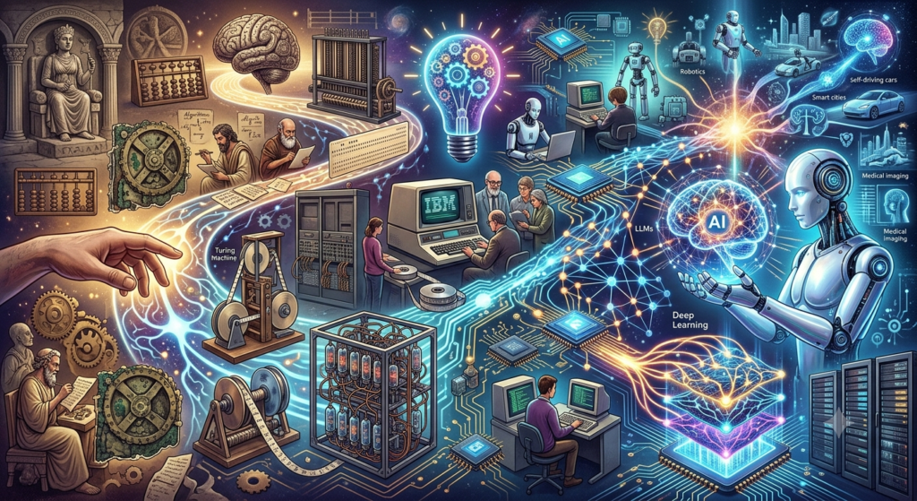 A comprehensive visual timeline illustrating the history of artificial intelligence and computing. The infographic spans ancient times with Plato, abacuses, and mechanical gears, progresses through early computing history with Alan Turing, vacuum tube computers, and a large IBM mainframe, and culminates in a modern, vibrant neural network. This network connects a highly detailed humanoid robot (with a glowing AI brain) to examples of modern deep learning and machine learning applications, including autonomous vehicles, smart cities, and advanced medical imaging diagnostics.