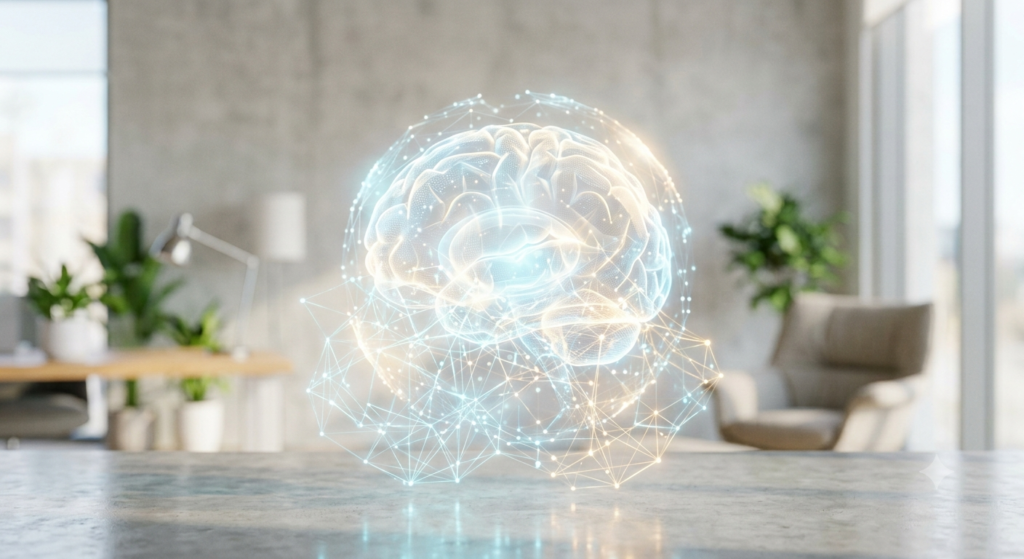 A glowing, intricate 3D hologram of a human brain encased in a digital network sphere, floating above a smooth light grey surface in a bright modern room.