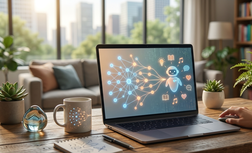 A person’s hand is on a computer mouse next to an open laptop on a wooden desk. The laptop screen displays a glowing, colorful graphic showing input data connecting to a cute robot character surrounded by icons for books, lightbulbs, music, and social media. In the background is a sunlit home office with large windows overlooking a city, plants, and a bookshelf. A coffee mug with a similar glowing pattern is also on the desk.