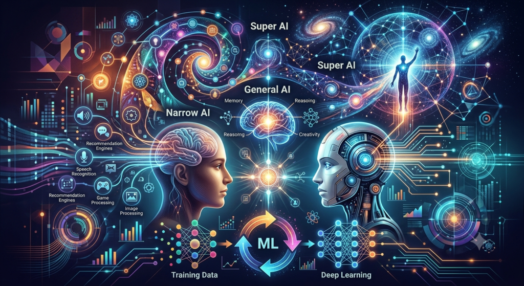 A complex digital illustration comparing human and artificial intelligence, showing various types of AI—Narrow, General, and Super—with associated concepts like machine learning and deep learning