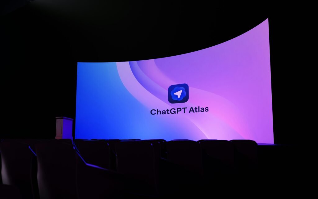 Large digital display showing an AI chatbot interface, representing the use of AI tools to generate presentation content, organize ideas, and create professional slides faster.