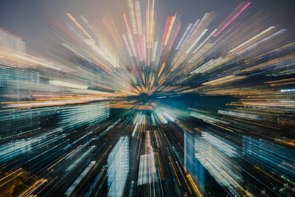 Long-exposure light trails symbolizing the speed, performance, and rapid processing power of modern artificial intelligence systems.