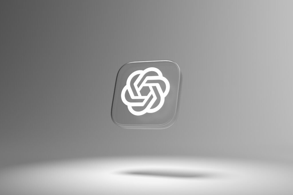 Minimalist white 3D ChatGPT logo on a white square background, representing artificial intelligence and conversational AI technology.