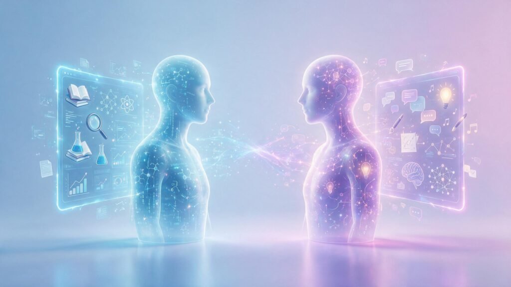 Decorative AI comparison illustration for Perplexity AI vs ChatGPT, showing two futuristic assistant concepts in a clean tech style