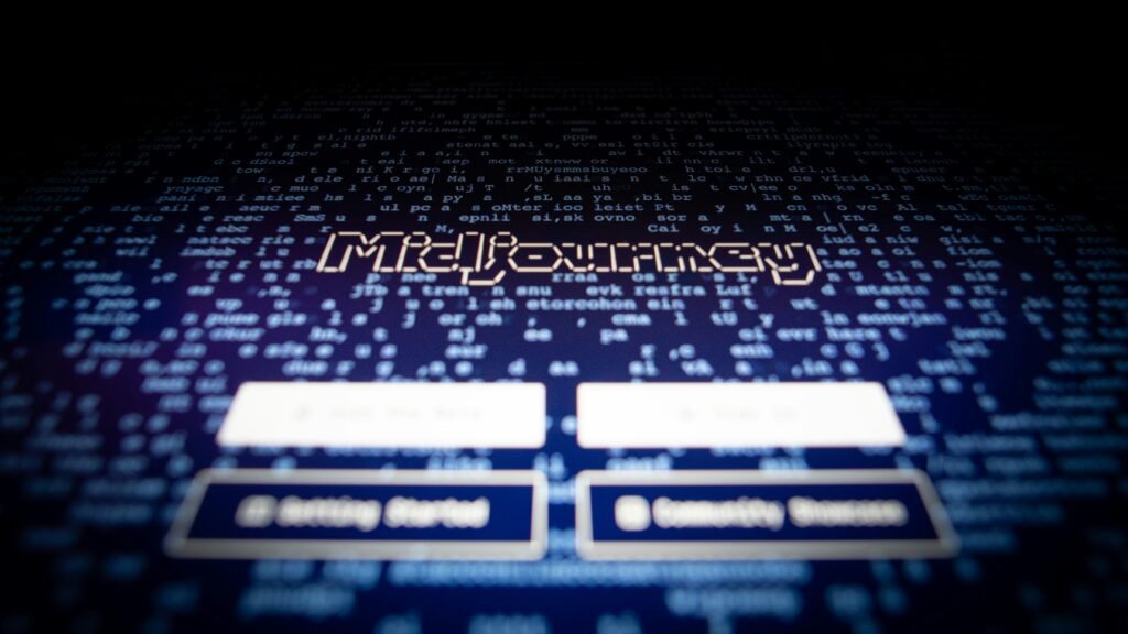 Close-up of a computer screen displaying the Midjourney AI interface, illustrating an AI image generation platform used for creating digital artwork from text prompts.