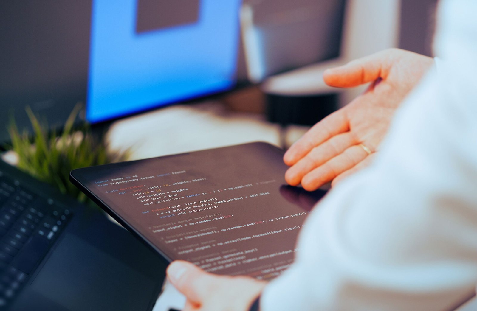 AI developer testing code on a tablet computer