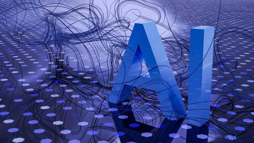 3D rendered AI text on a dark digital background, representing research AI, data analysis, and advanced artificial intelligence technology.