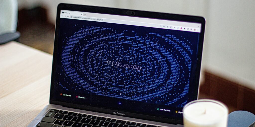 A modern laptop on a wooden desk displaying a creative workspace, representing the use of Midjourney for generating AI-powered digital artwork and visual content.
