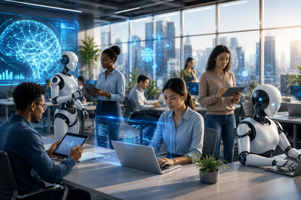 Humans and AI-powered robots collaborating in a modern office, representing the future of AI jobs and workplace innovation.