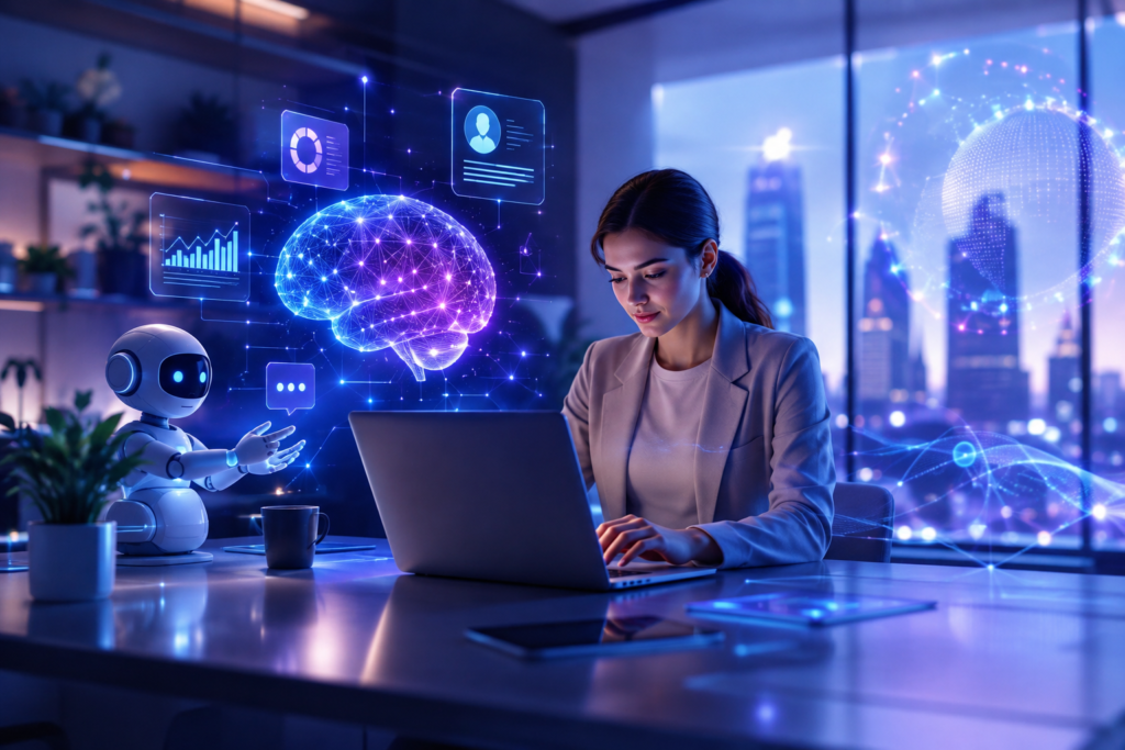 Modern AI-powered workspace with a professional using a laptop alongside futuristic digital interfaces, representing the latest AI trends in 2026.