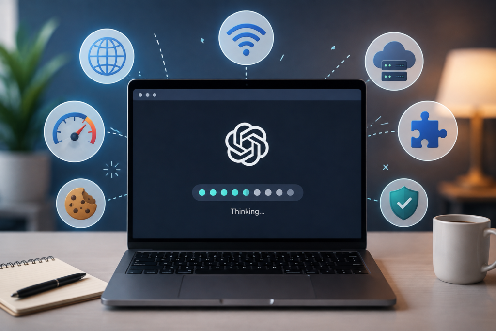 ChatGPT loading slowly on a laptop with icons representing internet, servers, browser settings, and security.