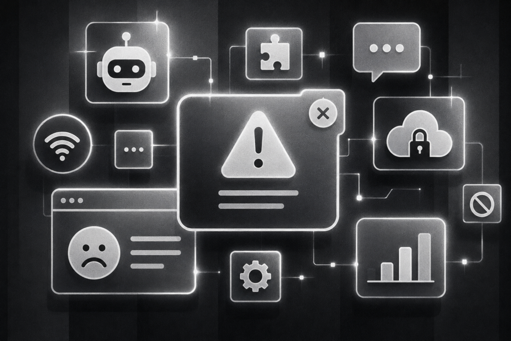 Abstract AI error troubleshooting illustration with warning, Wi-Fi, browser, cloud, and settings icons.