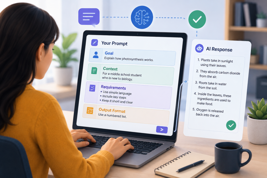 Person using a laptop to create a structured AI prompt with goal, context, requirements, and output format.