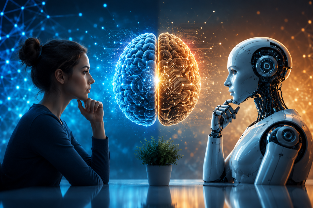 Human and AI facing each other with a glowing digital brain between them, symbolizing the difference between AI myths and facts.