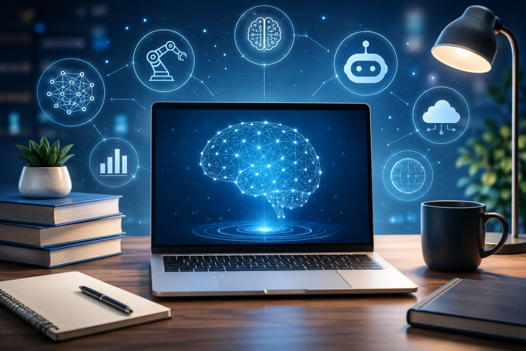 Modern AI learning workspace with a laptop displaying an artificial intelligence concept surrounded by digital technology icons.